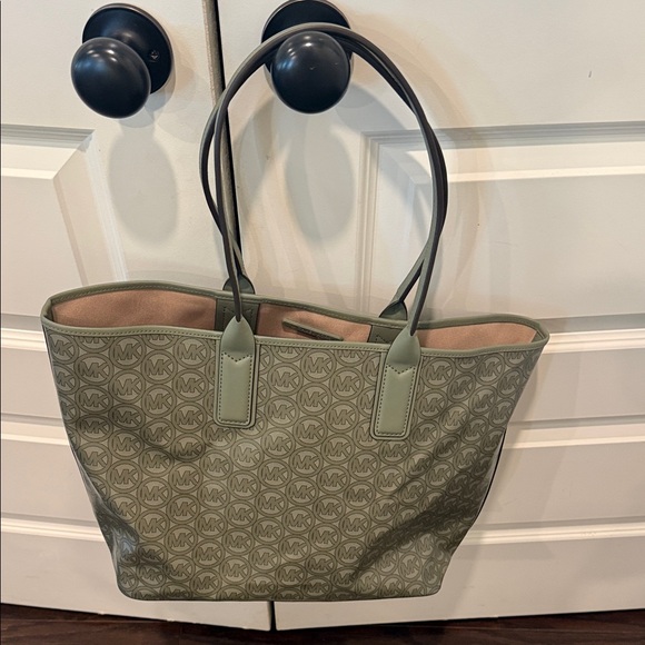Michael Kors Olive Green MK Logo Coated Canvas Tote - Picture 3 of 5